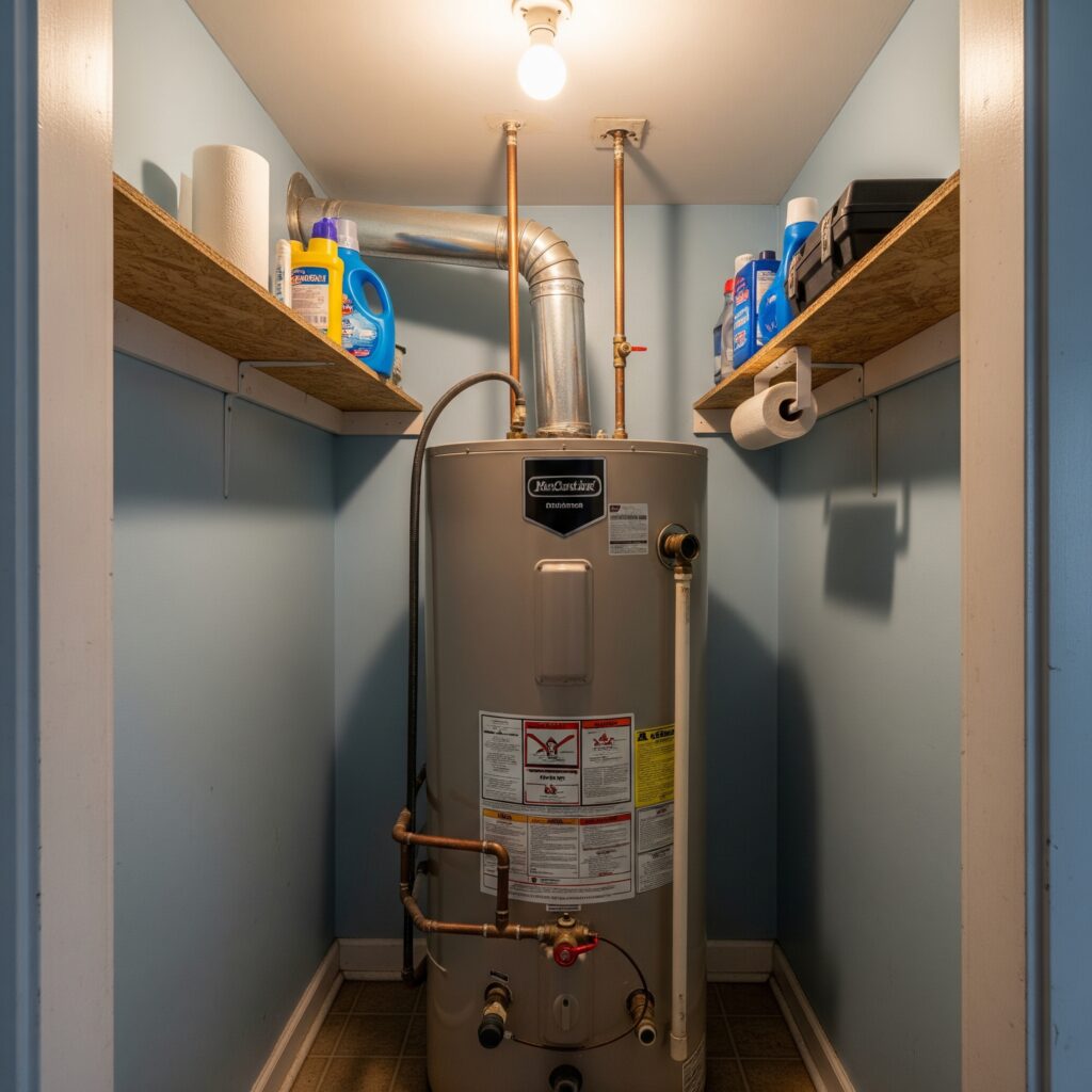 Traditional water heater in a small home utility closet