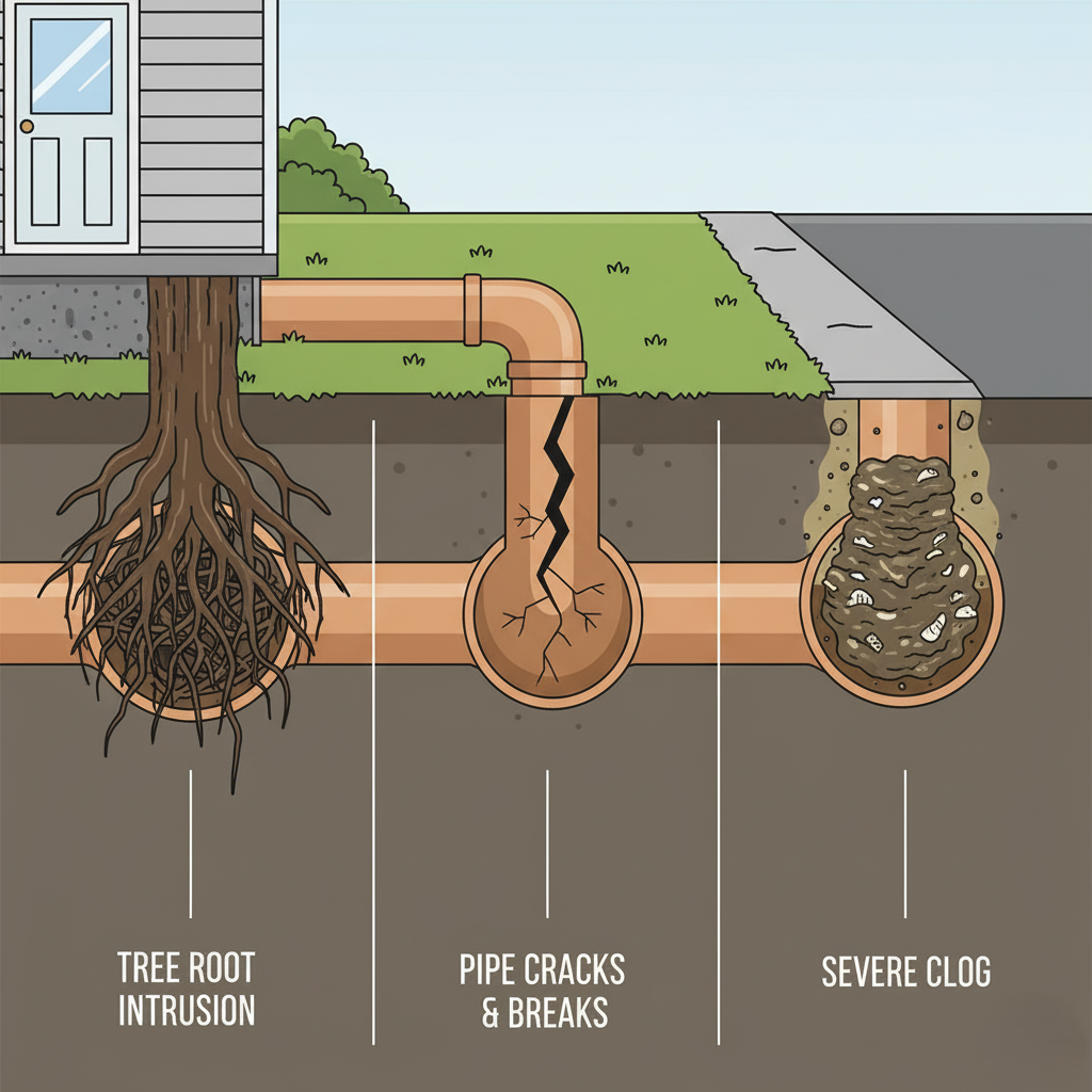 sewer line problems (tree roots, cracks, clogs).