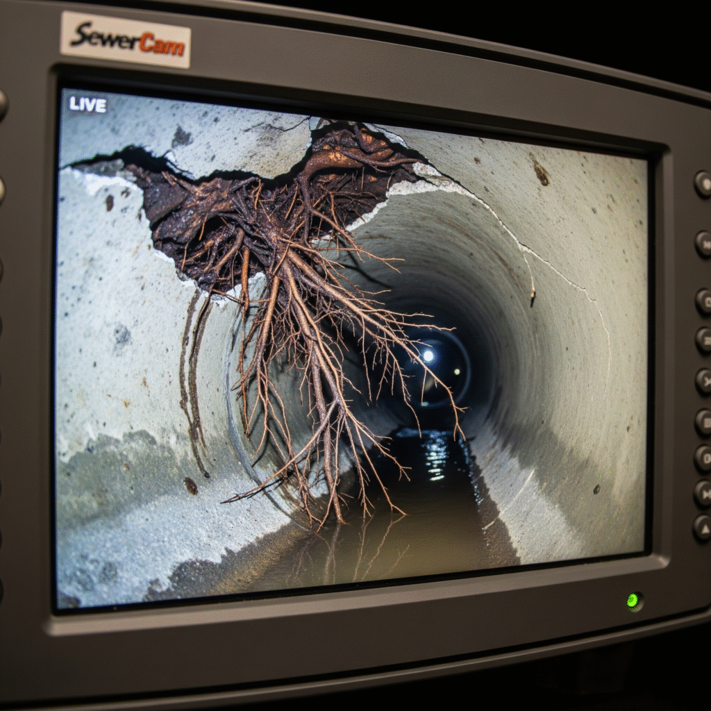video monitor showing tree roots inside a sewer pipe.