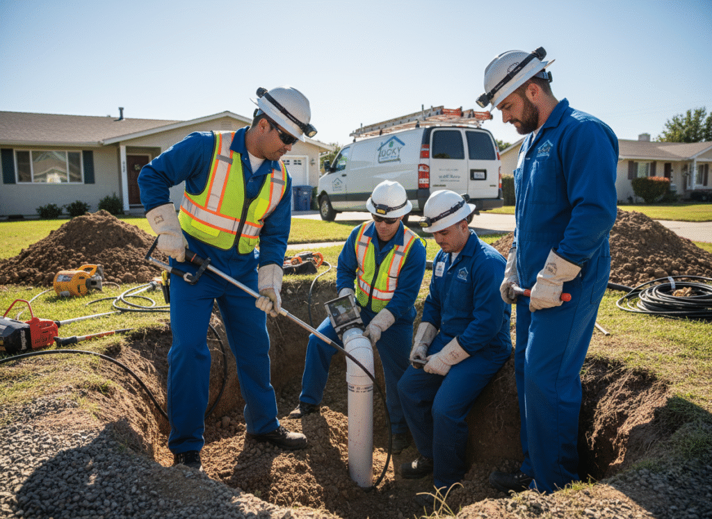 Certified plumbing team with specialized equipment and safety gear.