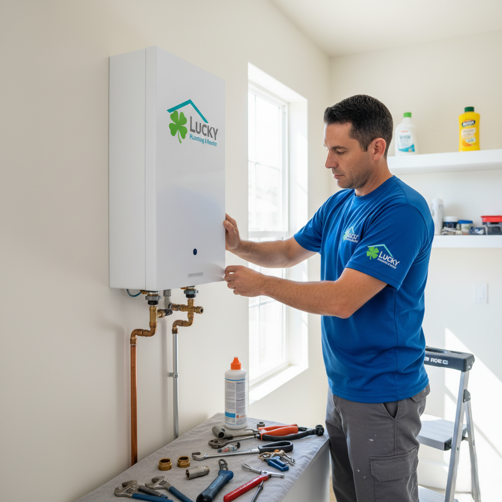 Installer setting up a tankless unit in a Los Banos residence.