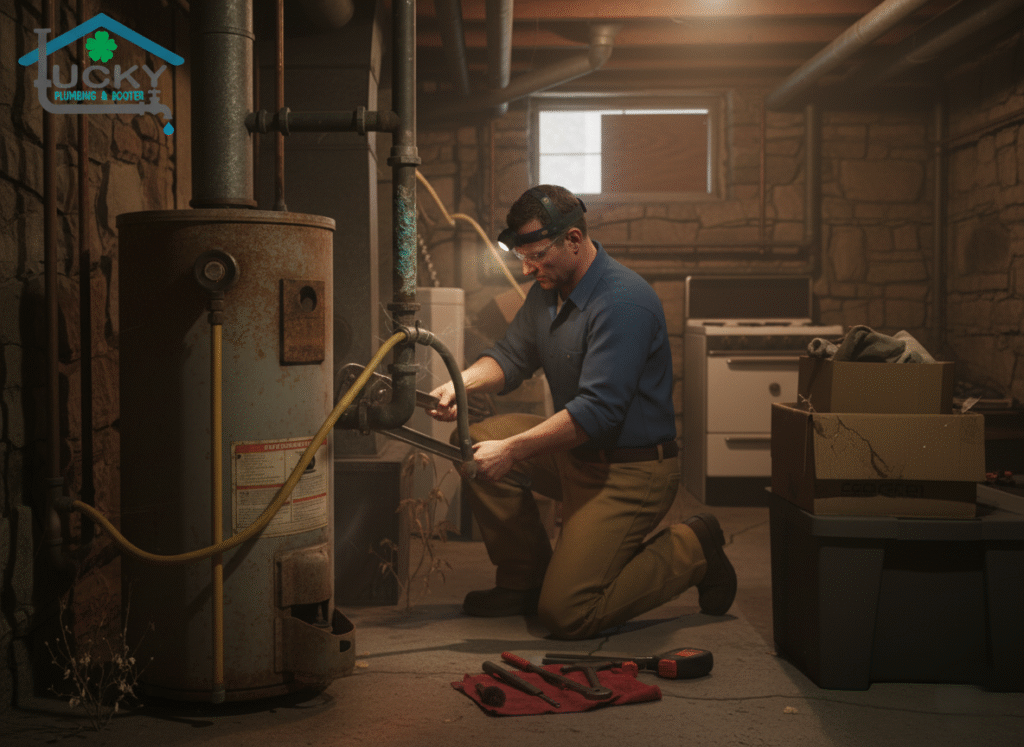  Licensed plumber repairing a gas line connection using professional tools.