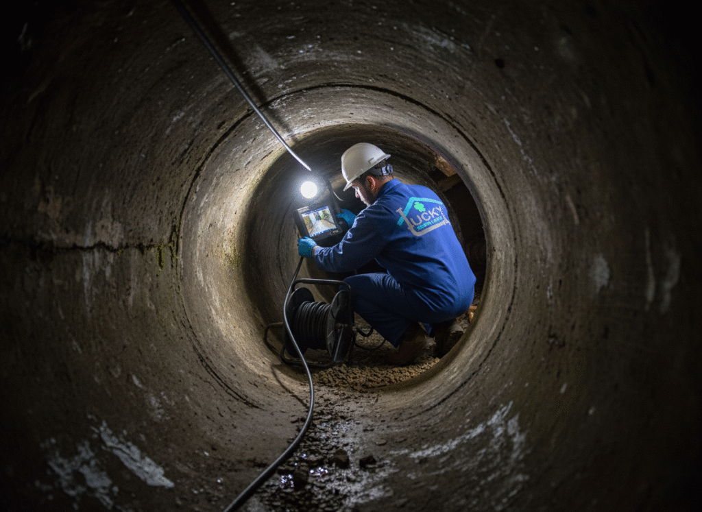 Sewer camera inspection being performed by a technician.