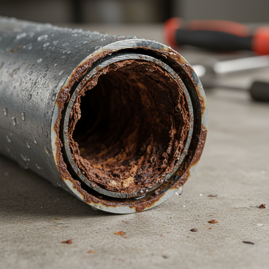 A corroded, rusty galvanized pipe cut open showing internal buildup.