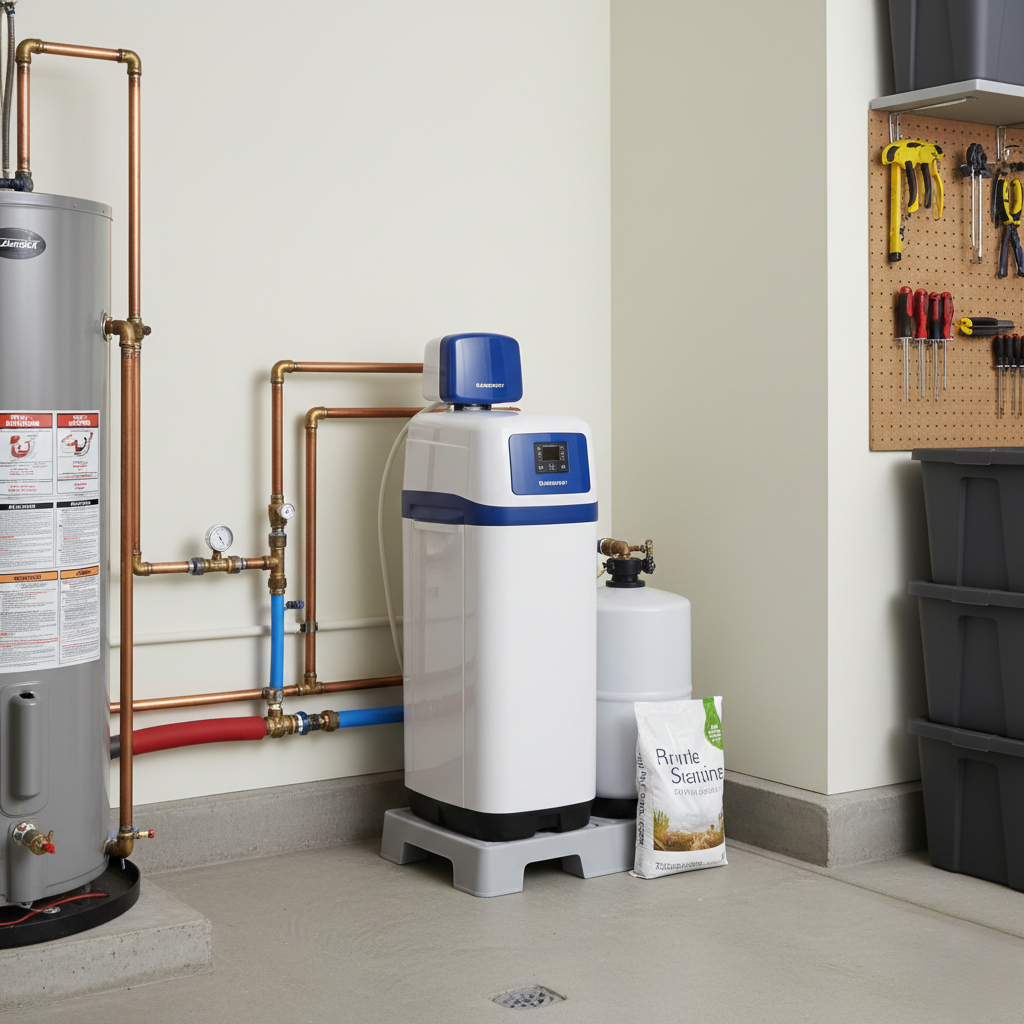 Photo of a water softener installed neatly in a garage corner.