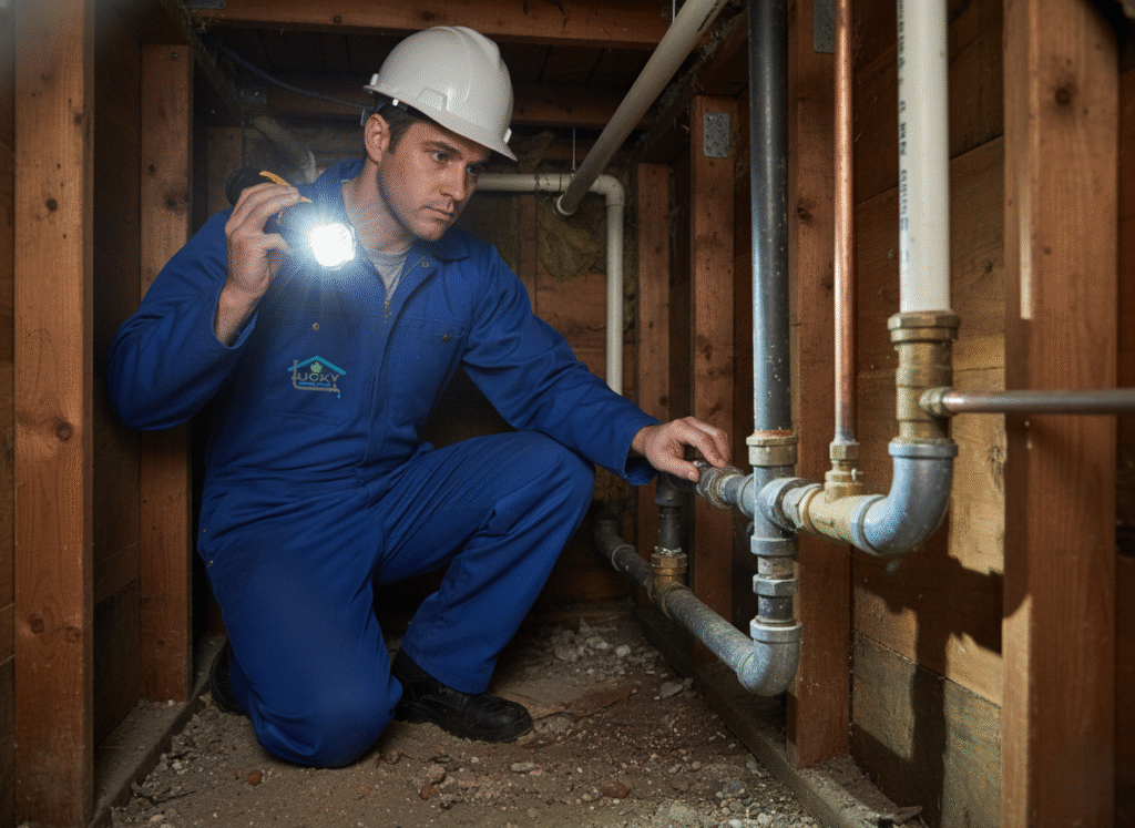 Plumber inspecting pipes with a flashlight
