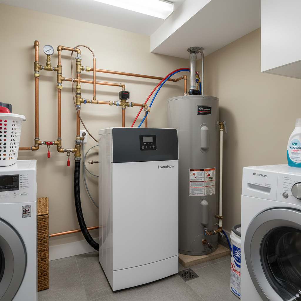 compact or cabinet style water softener system in a small utility area.