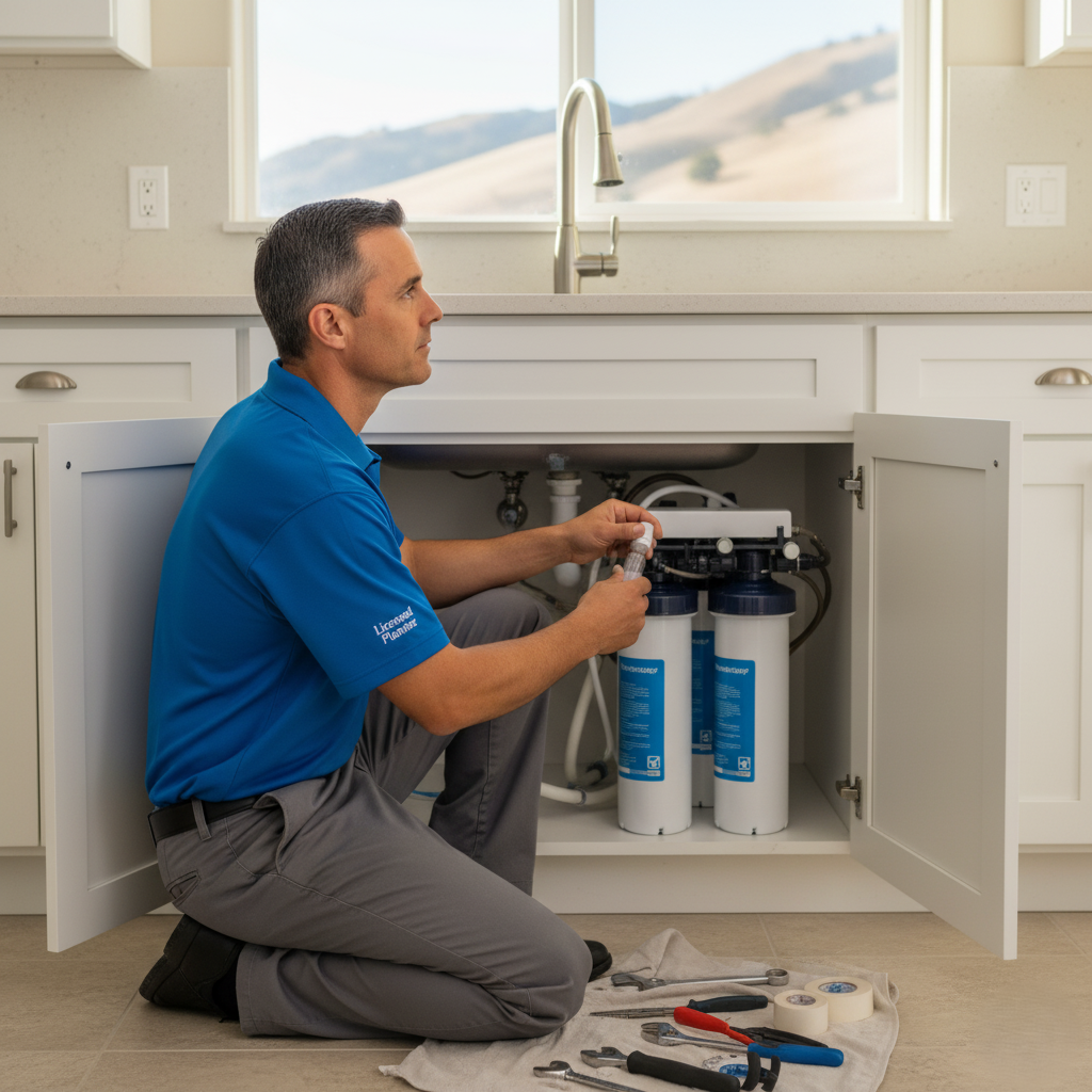 licensed plumber installing a filtration system under the sink.