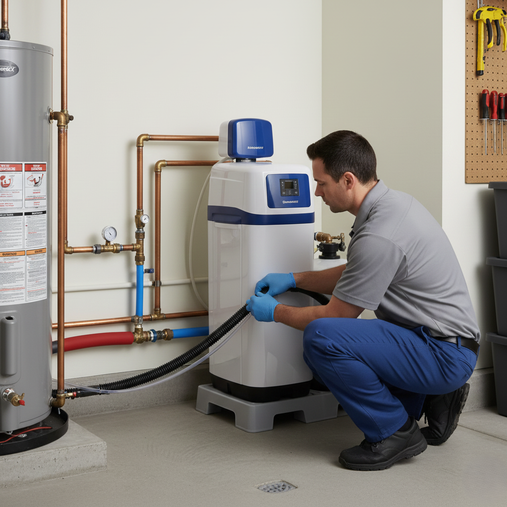 technician connecting drain lines for a water softener.