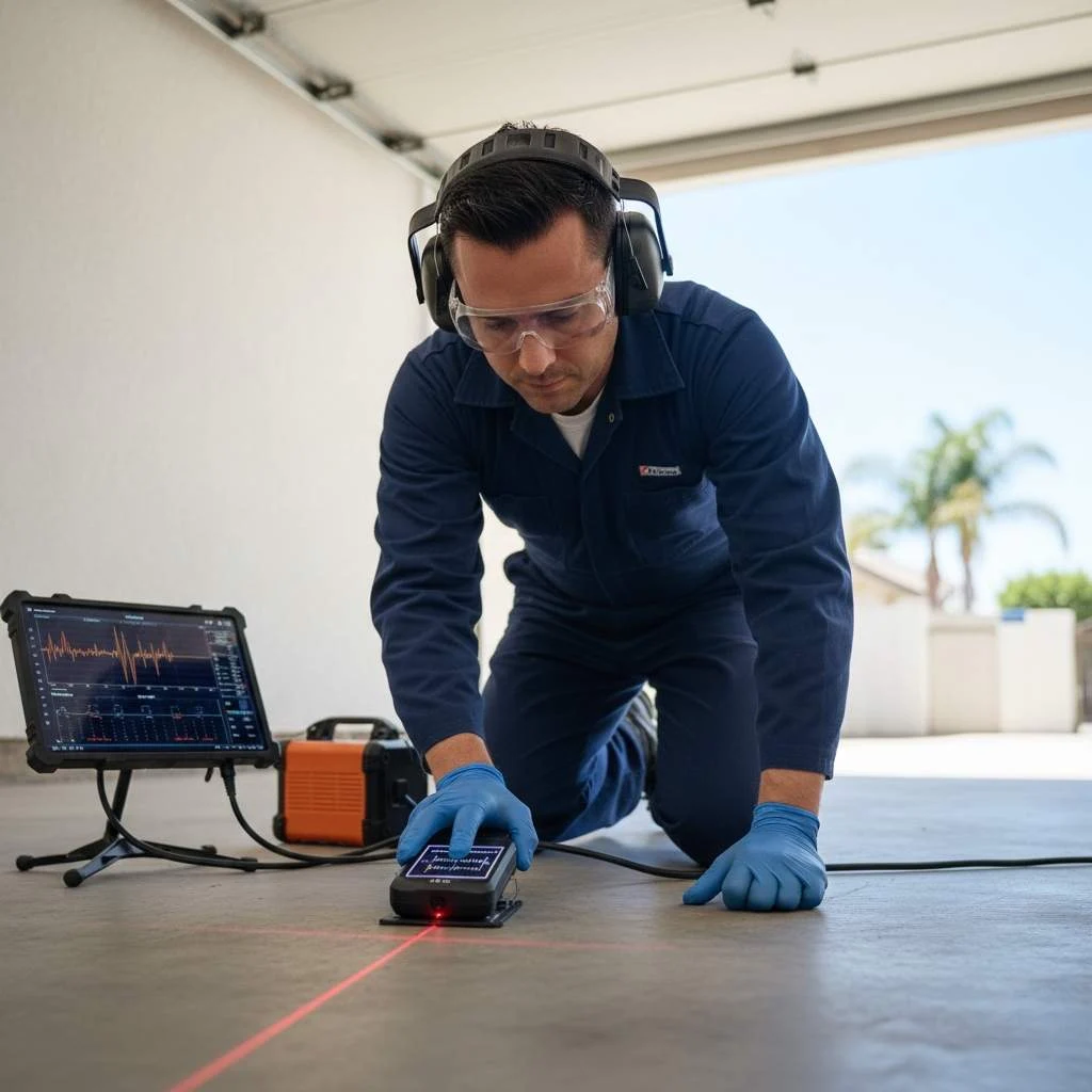 Technician using electronic listening device on a concrete floor.
