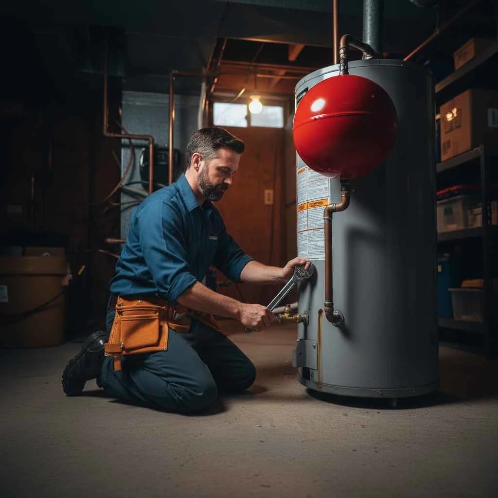Licensed plumber installing an expansion tank
