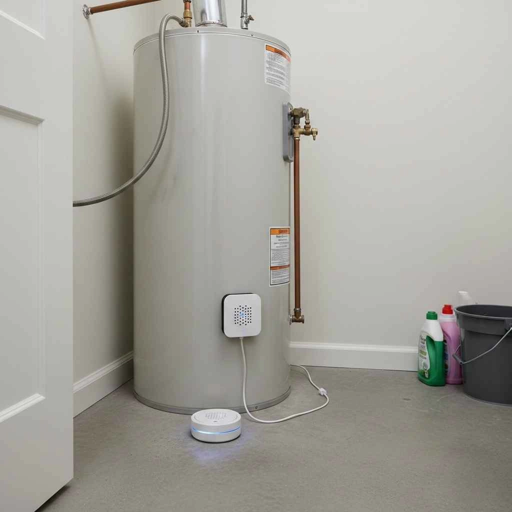 Smart leak detector installed near a residential water heater