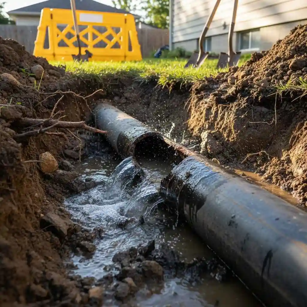 Exposed damaged underground pipe