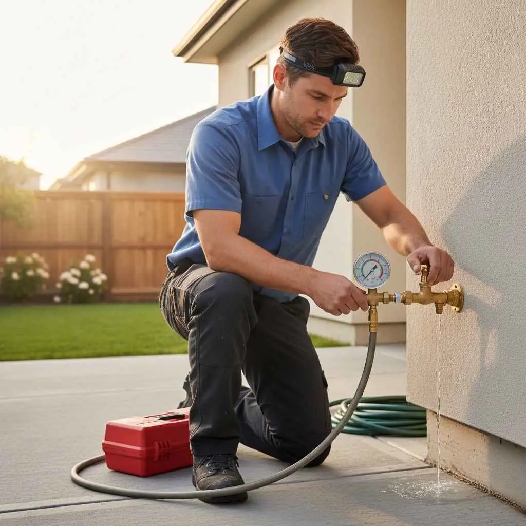 Technician checking water pressure at outdoor spigot