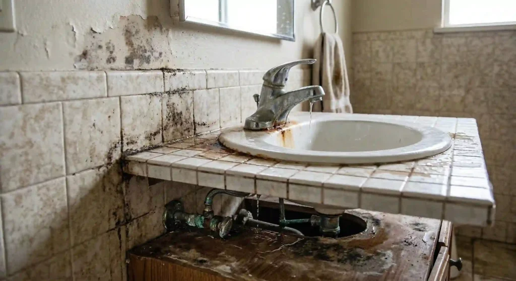 bathroom sink and faucet area showing signs of water leakage.