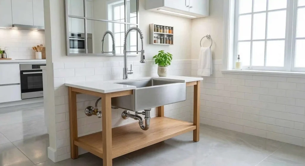 bright, clean kitchen sink area with modern plumbing fixtures.