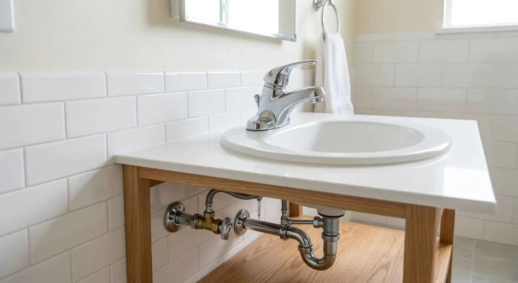 clean residential bathroom with well maintained plumbing fixtures.