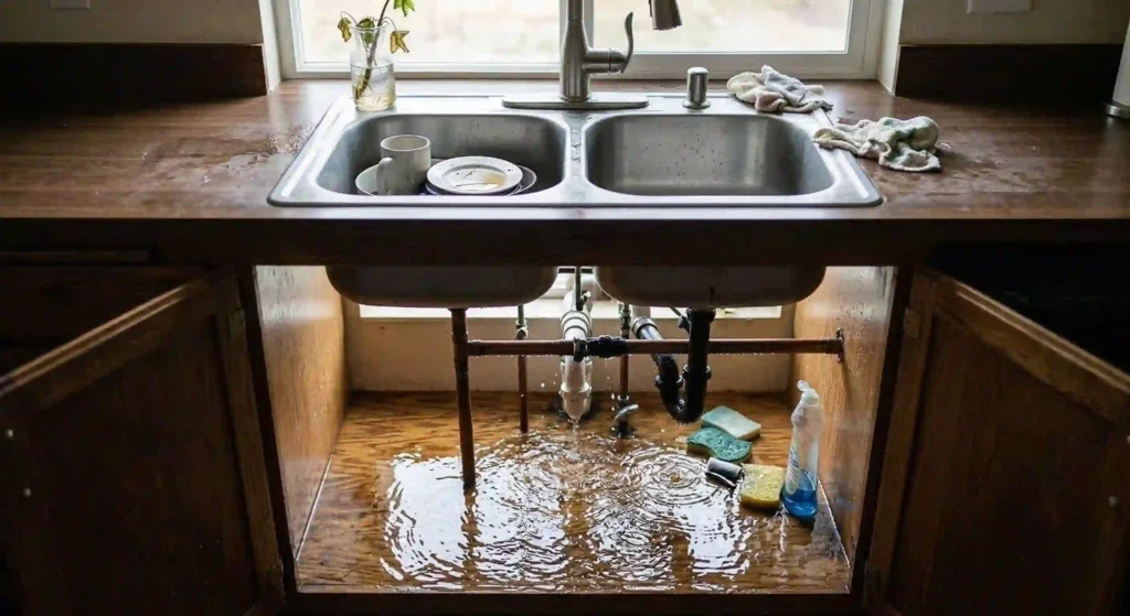 residential kitchen sink with visible water pooling from a leak.