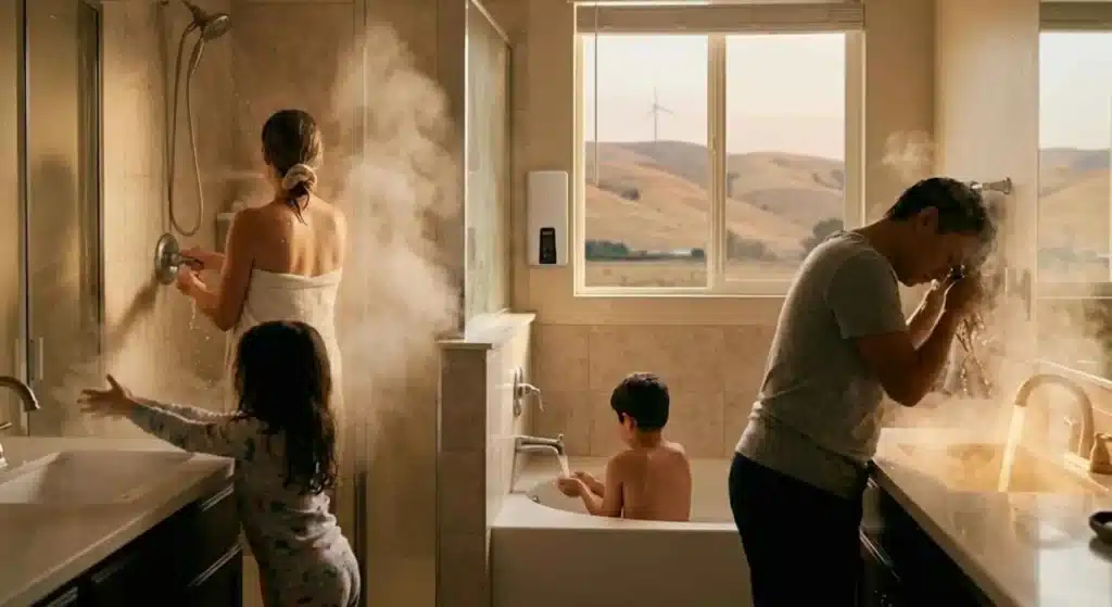 family using hot water comfortably