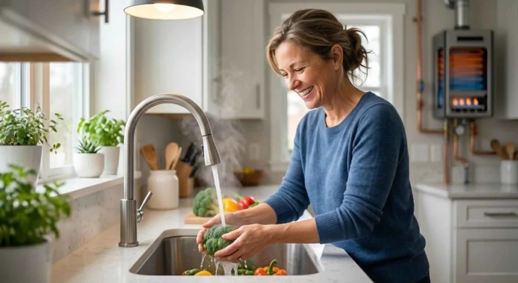 happy homeowner using hot water kitchen