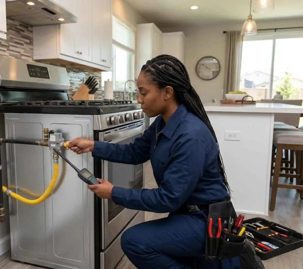 Technician inspecting residential gas line connections in Los Banos