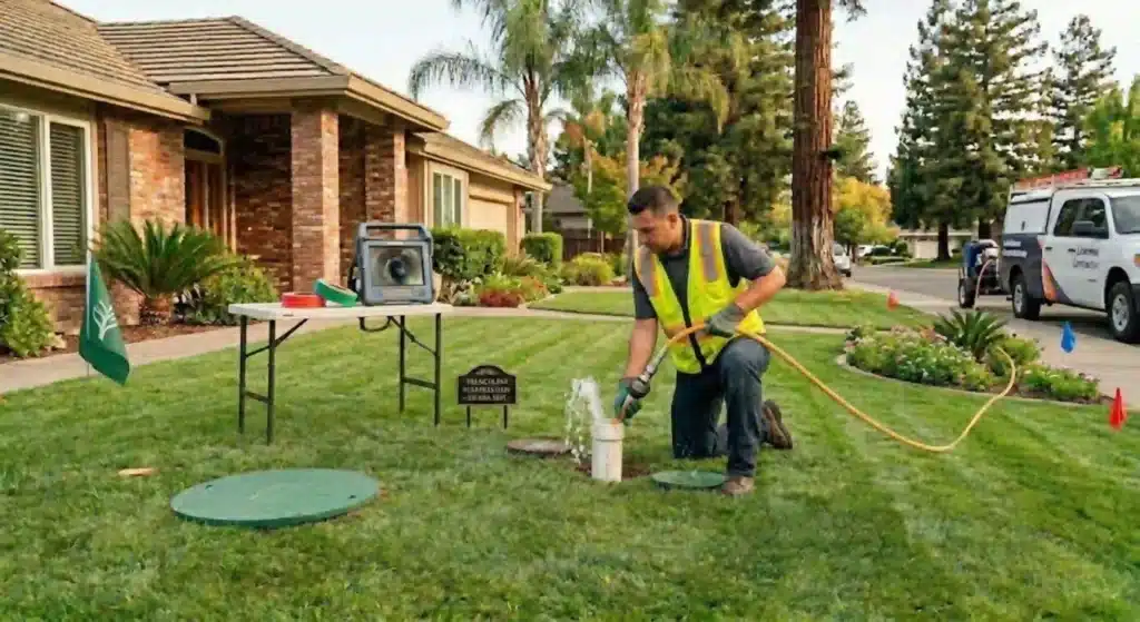 Technician performing hydro jetting service on residential drain line