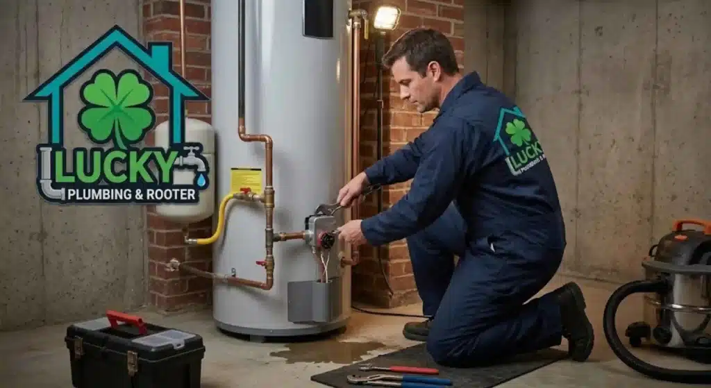 Licensed plumber repairing hot water heater system