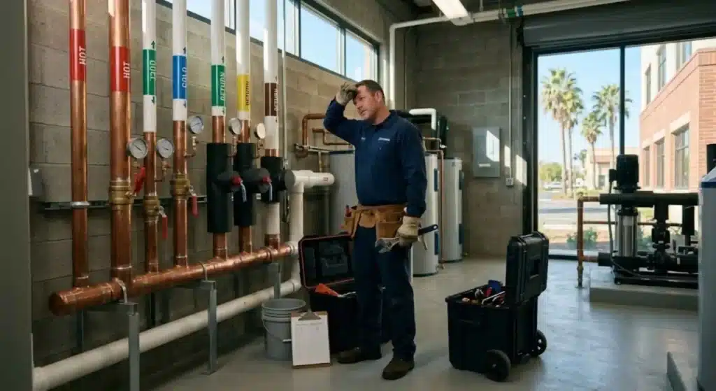 Commercial plumbing maintenance completed for a Merced office building