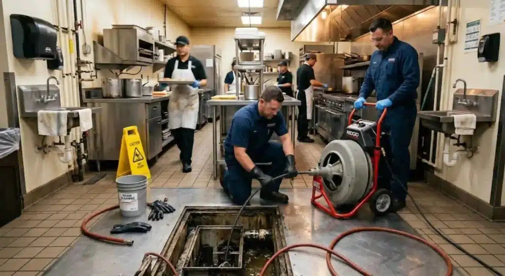 Professional drain maintenance at a commercial restaurant in Merced