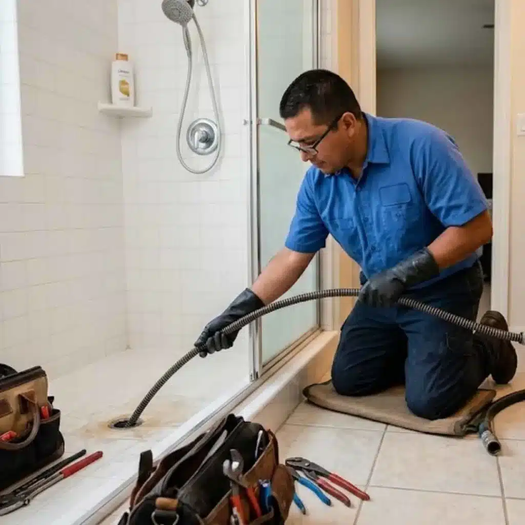 Los Banos plumber using professional equipment for shower drain cleaning