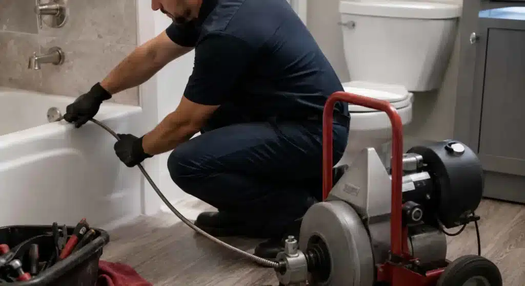 Professional drain cleaning equipment being used to clear a stubborn plumbing clog in Los Banos