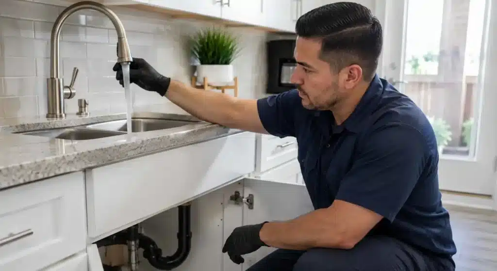 Professional plumber performing a final drain flow test in a Los Banos home