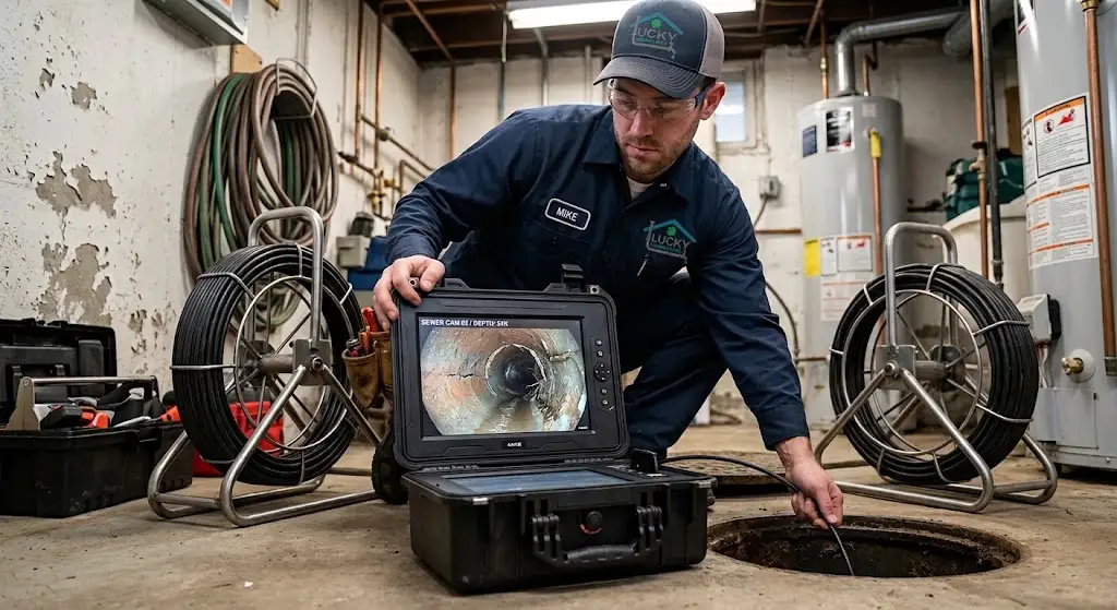 Los Banos plumber reviewing sewer line camera inspection footage for a recurring backup