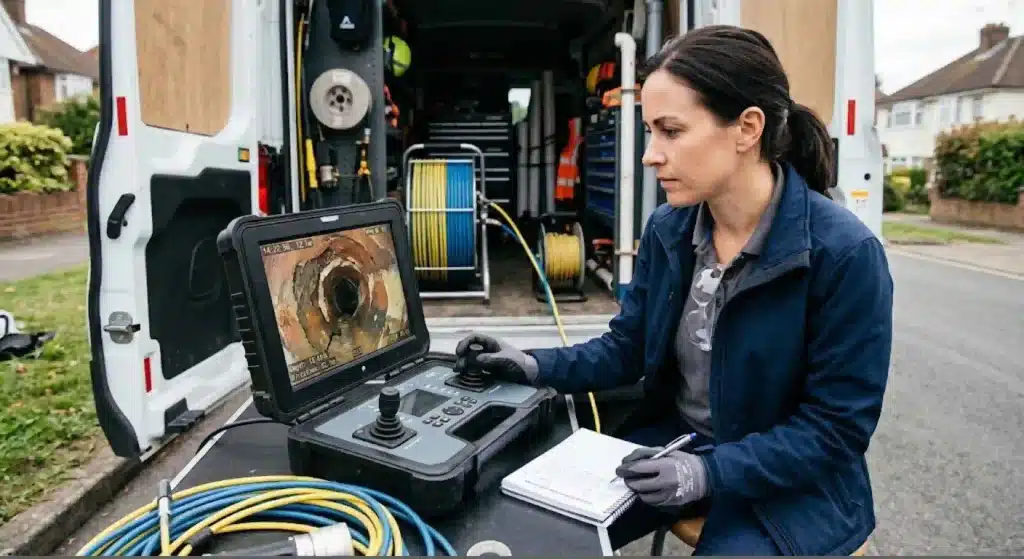 Professional plumbing technician reviewing sewer camera footage.