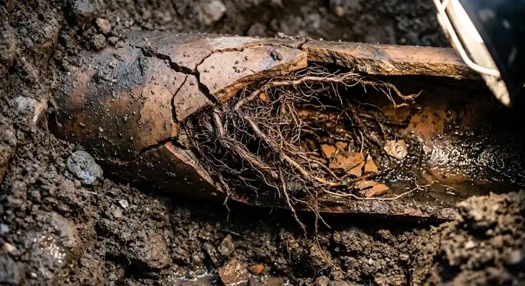 Tree roots invading damaged sewer pipe
